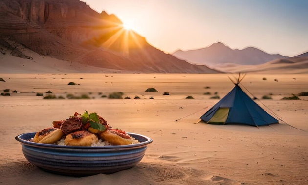 a plate full of tsty food is placed over the sand of desert safari and the background has a camping tent and mountains.