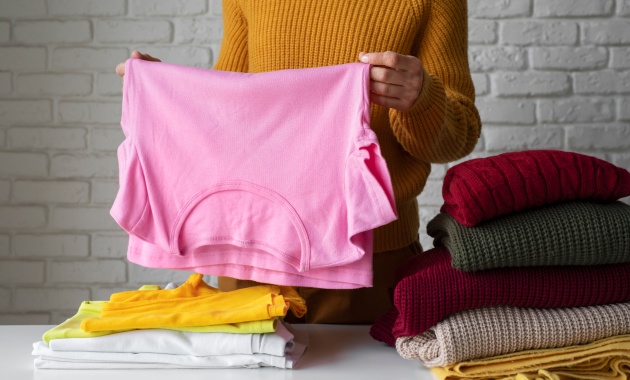 a woman wearing yellow sweater is holding a light pink tshirt. 