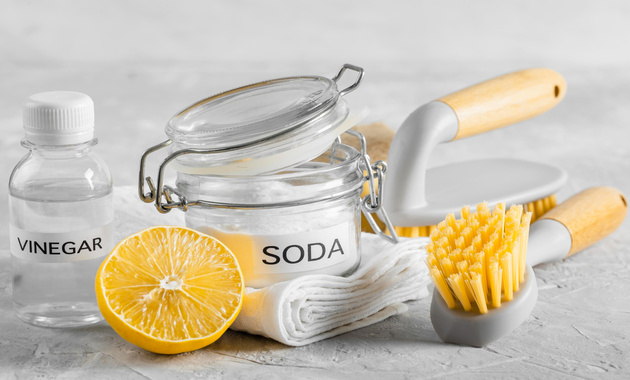 a jar of baking soda along with lemon, vinegar and two cleaning brushes
