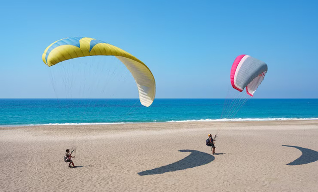 blue sea and two people doing paragliding 