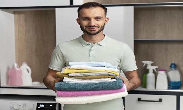 a man wearing t shirt is holding pile of clothes