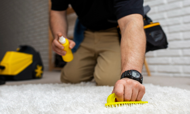 a person cleaning carpet with a yellow brush and a cleaner
