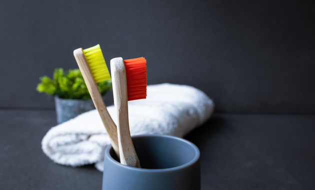 two toothbrushes in a cup