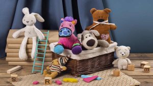 stuff toys in a basket