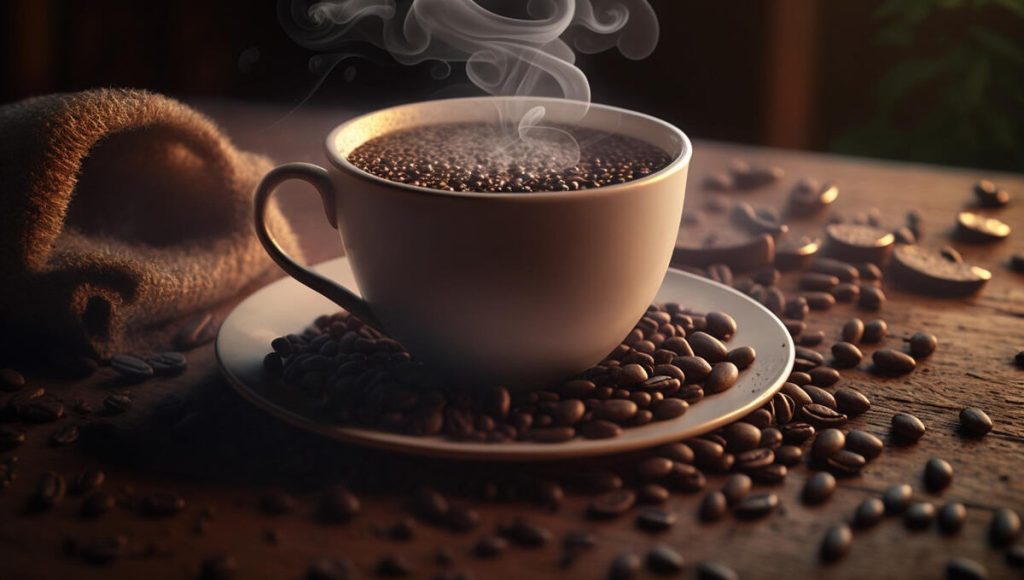 a cup of black coffee with coffee beans around it