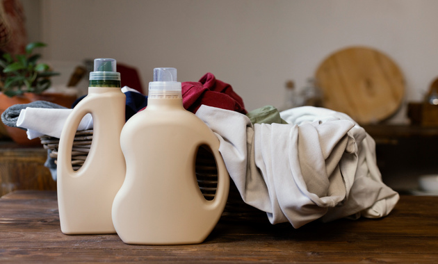 two bottles of liquid detergent placed over a wooden tables with a basket full of clothes placed beside it