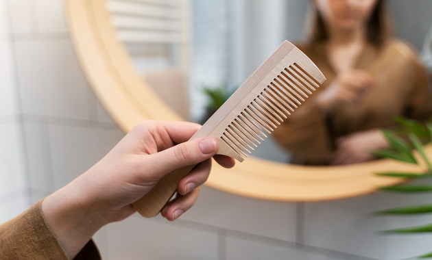 a girl is holding a wooden hair comb