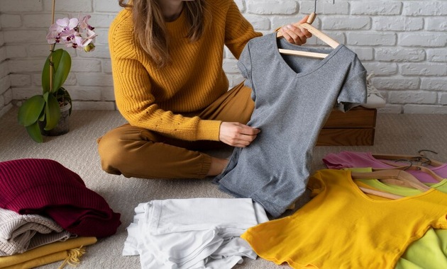 a woman is holding a grey shirt hanged on a hanger 