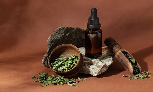 a drpper bottle of neem oil along with dried neem leaves