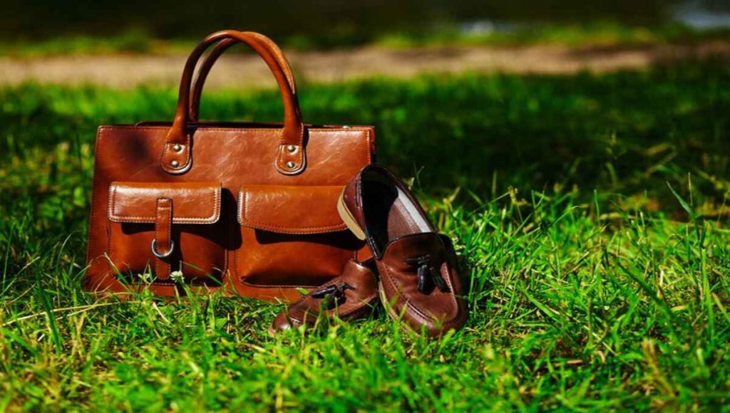 an image of a leather bag and a leather brown man shoes